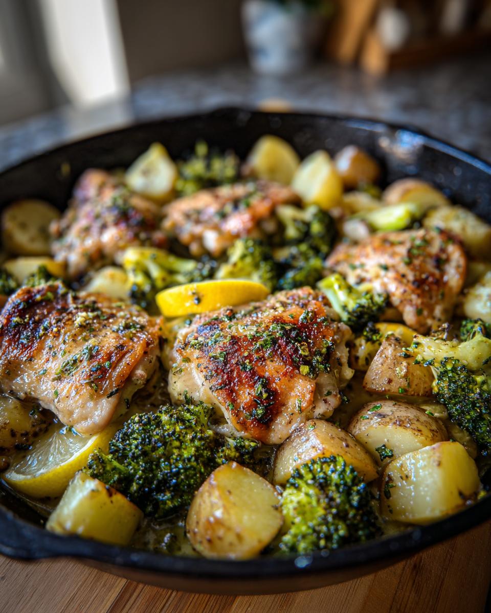 Close-up of a cast iron skillet filled with one pan lemon chicken, roasted potatoes, and broccoli florets.