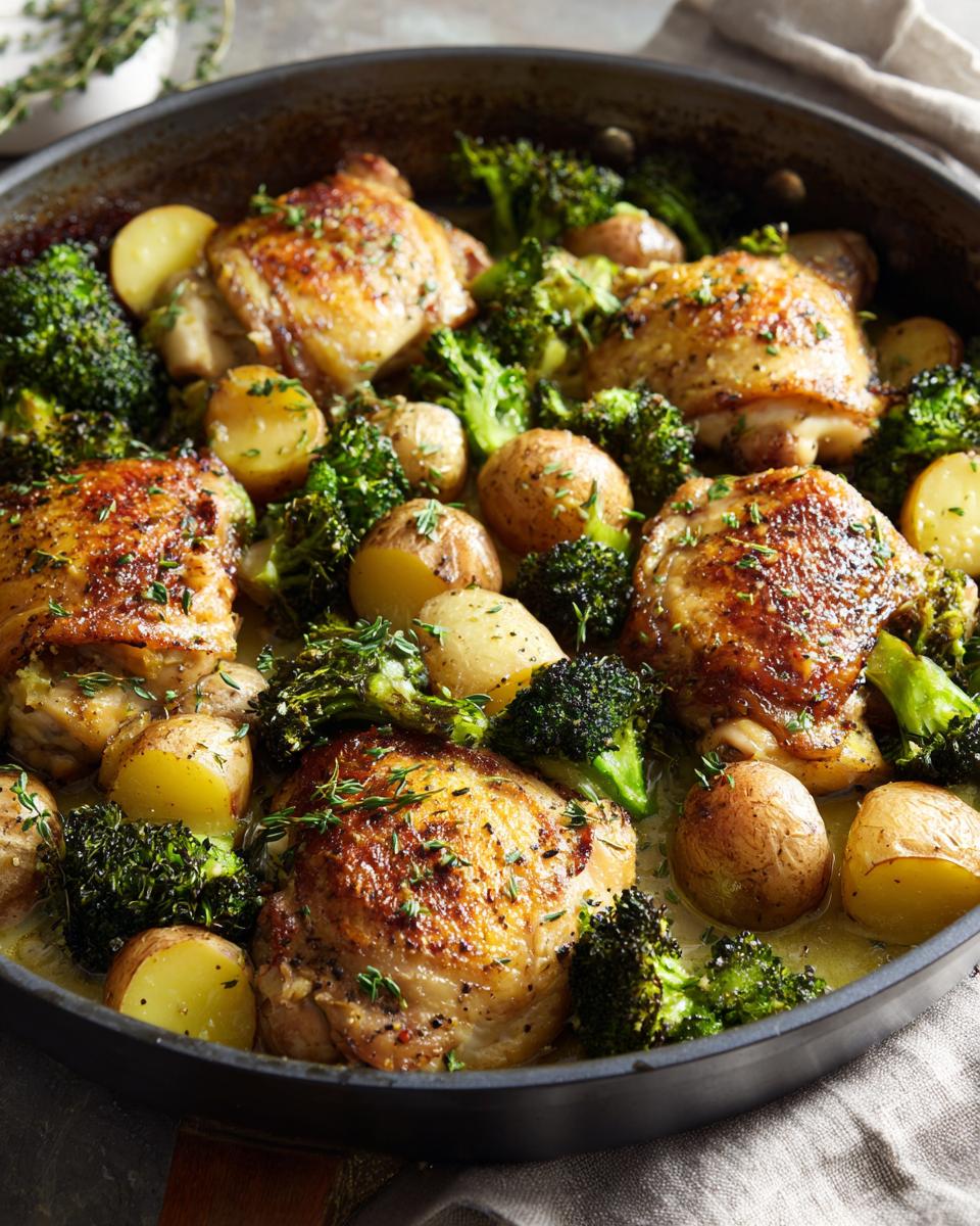 Close-up of a one-pan lemon chicken dish with golden-brown chicken thighs, roasted broccoli florets, and small potatoes, seasoned with herbs.