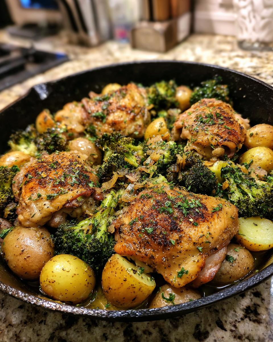 A close-up of a cast-iron skillet filled with one pan lemon chicken, roasted potatoes, and broccoli, garnished with parsley.