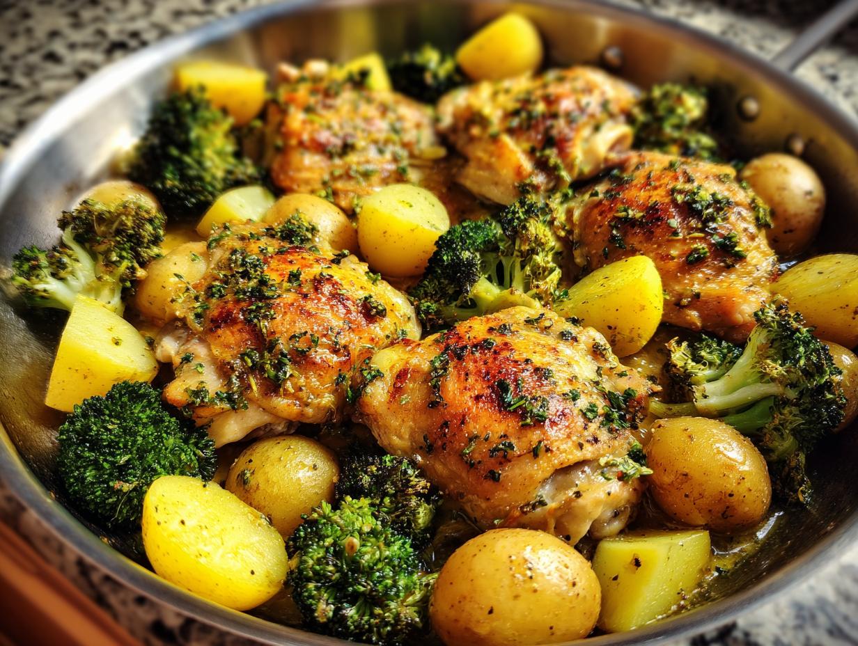 A close-up of a one pan lemon chicken dish featuring golden-brown chicken thighs, baby potatoes, and vibrant broccoli florets.