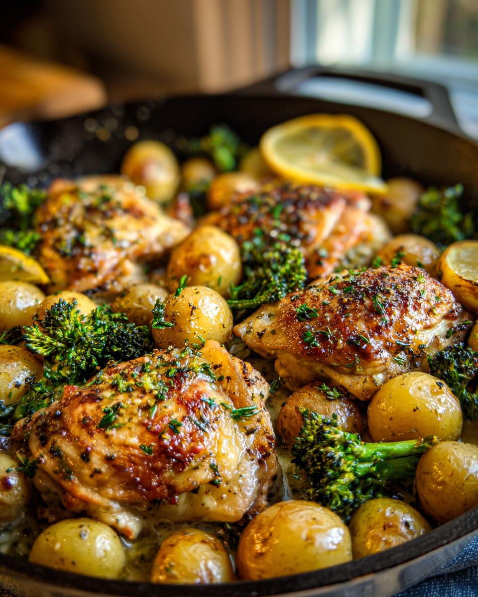 Close-up of a cast iron skillet filled with one pan lemon chicken, roasted potatoes, and broccoli florets.