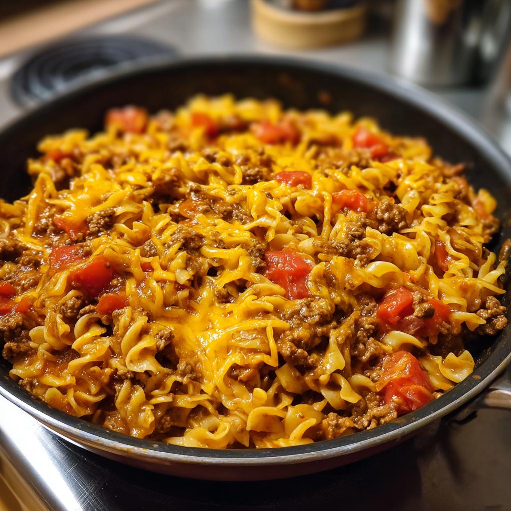 Close-up of a one pot taco pasta dish in a skillet, featuring noodles, ground beef, diced tomatoes, and melted cheese.