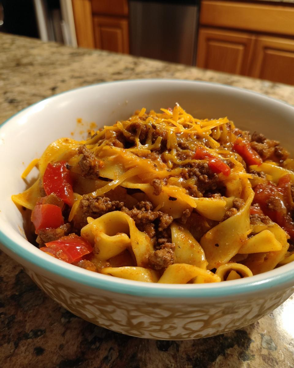 A bowl of one pot taco pasta with ground beef, diced tomatoes, and melted shredded cheese.
