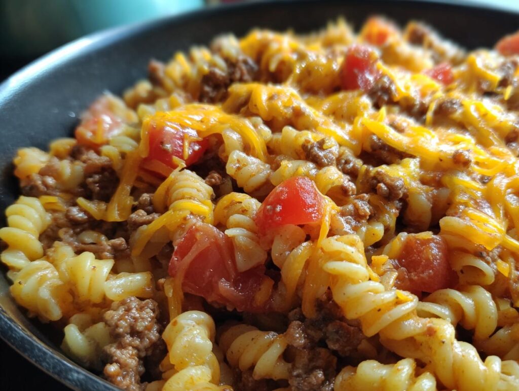 Close-up of a one pot taco pasta dish with rotini noodles, seasoned ground beef, diced tomatoes, and melted cheddar cheese.