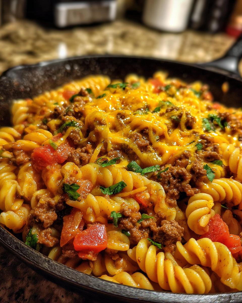 Close-up of a cast iron skillet filled with one pot taco pasta, featuring rotini noodles, seasoned ground beef, diced tomatoes, and melted cheddar cheese.
