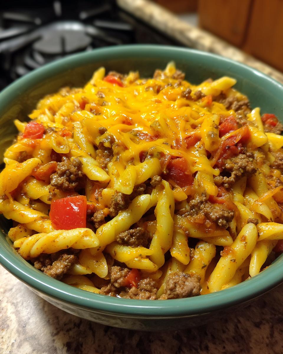 A close-up of a bowl of one pot taco pasta, topped with melted cheddar cheese and chunks of tomato.