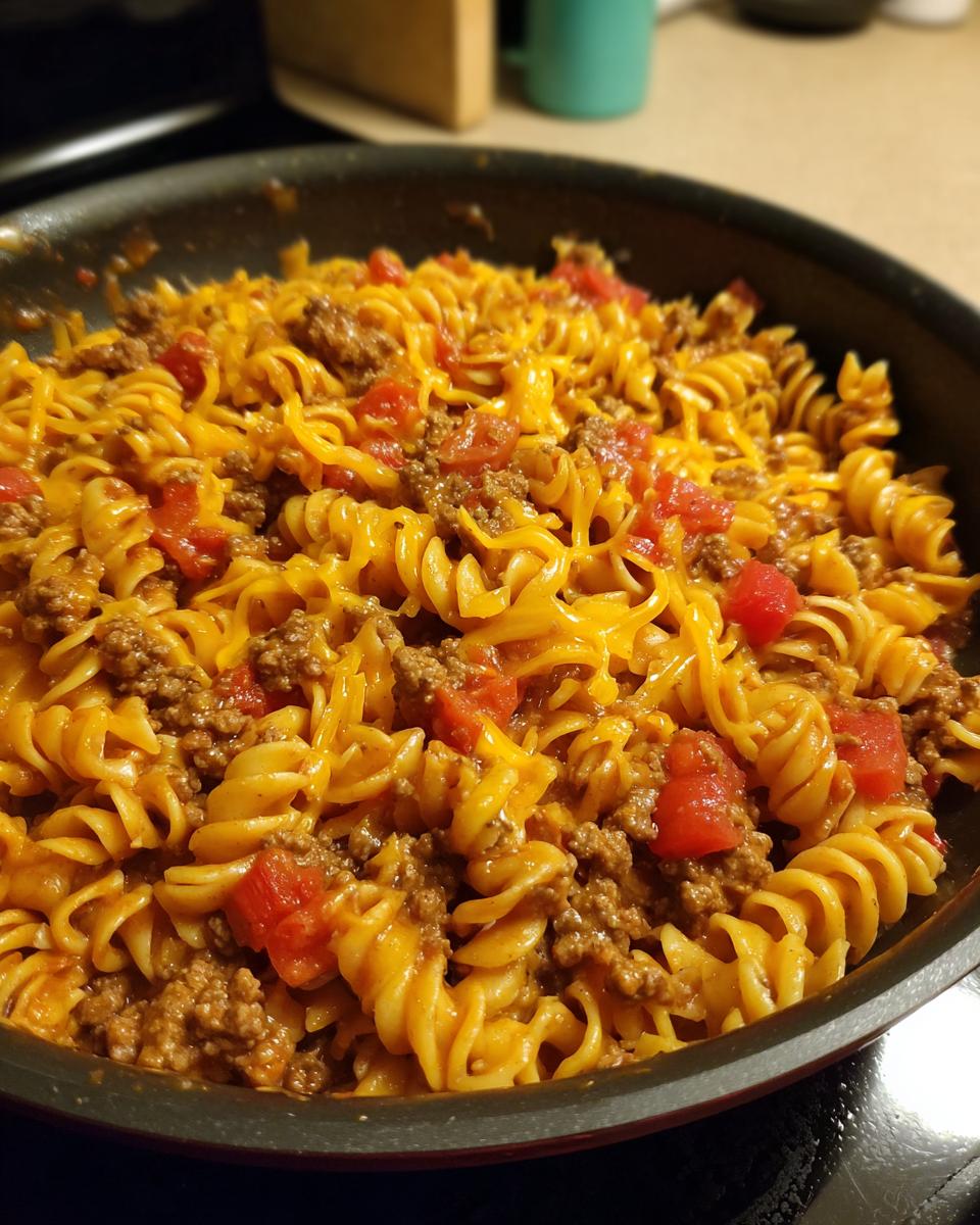 Close-up of a skillet filled with one pot taco pasta, featuring rotini noodles, seasoned ground beef, diced tomatoes, and melted cheese.