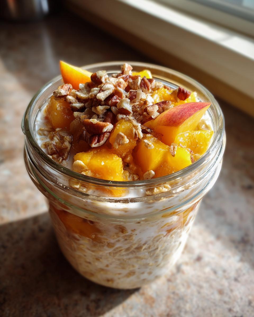 Overnight oats in a jar topped with diced peaches and chopped pecans, a perfect peach recipe.