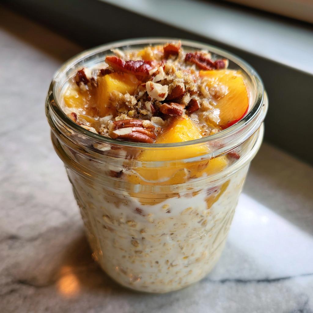 Close-up of overnight oats in a jar topped with fresh peaches, chopped pecans, and a drizzle of syrup.