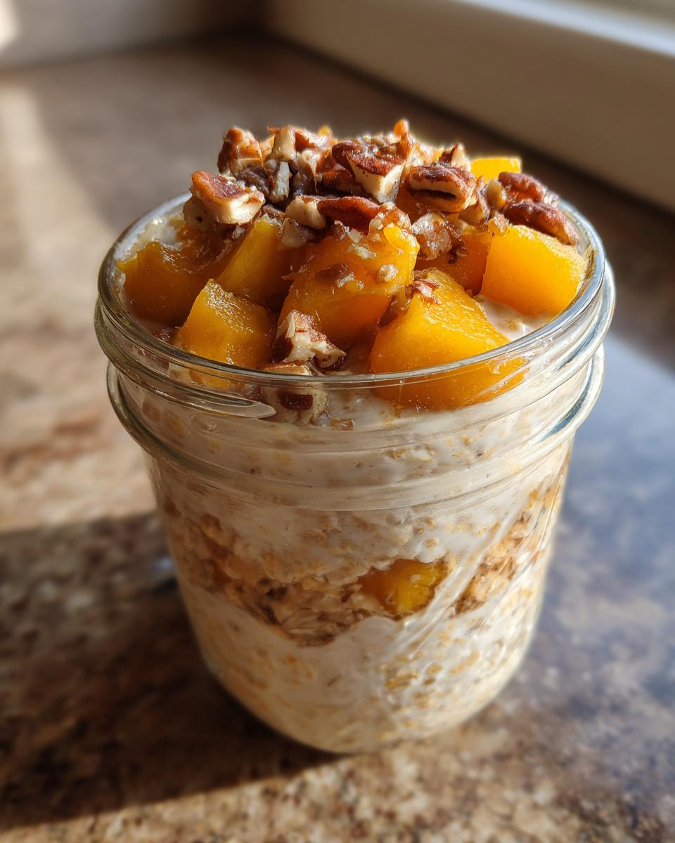 Close-up of overnight oats in a jar topped with diced peaches and chopped pecans.