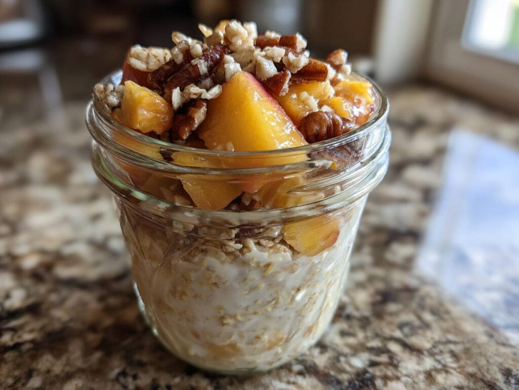 Close-up of overnight oats in a jar topped with fresh peaches and chopped pecans, part of peach recipes.