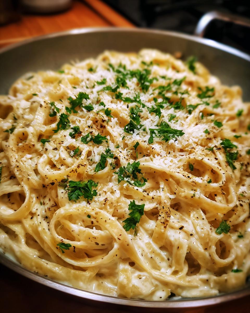 Close-up of fettuccine pasta in a creamy Alfredo sauce, topped with grated Parmesan and fresh parsley. This is a key component of Pasta Recipes That Turn Roasted Garlic Into the Best Alfredo.