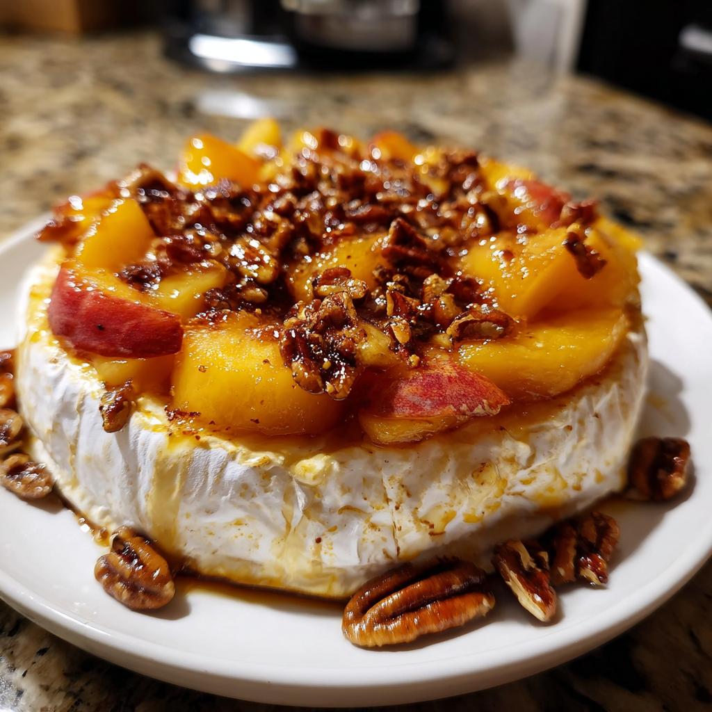 A whole baked brie topped with sliced peaches and toasted pecans, surrounded by pecans on a white plate.