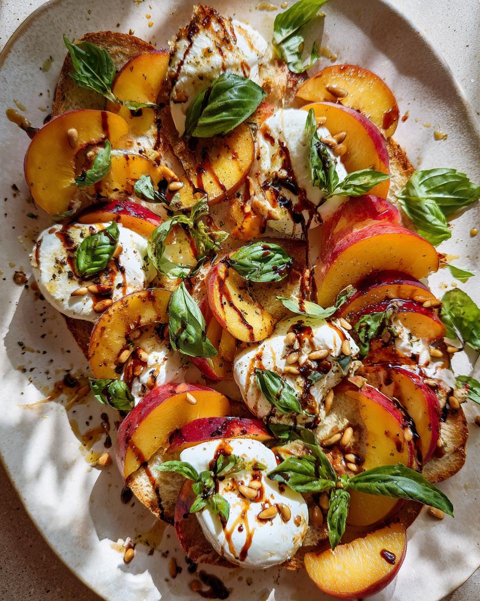 A beautiful summer salad platter featuring sliced peaches, burrata cheese, toasted bread, pine nuts, basil, and balsamic glaze.