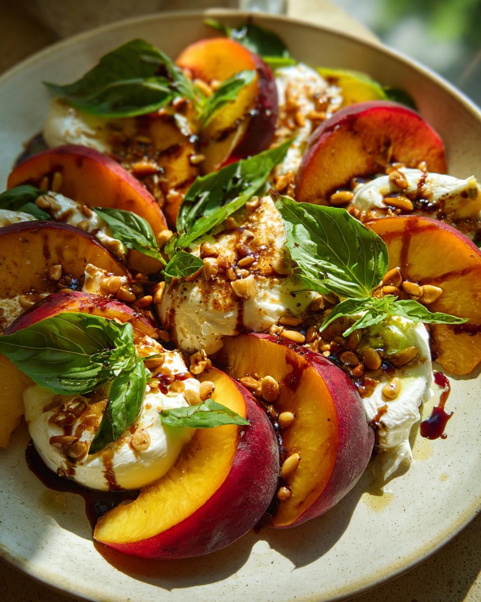 A refreshing summer salad featuring slices of ripe peaches and creamy burrata cheese, drizzled with balsamic glaze and topped with basil.