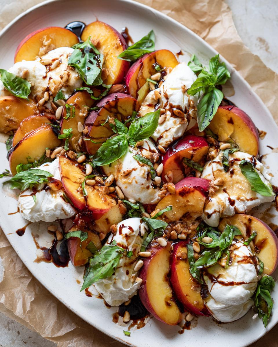 A vibrant summer salad platter featuring sliced peaches, creamy burrata cheese, fresh basil, pine nuts, and a balsamic glaze.
