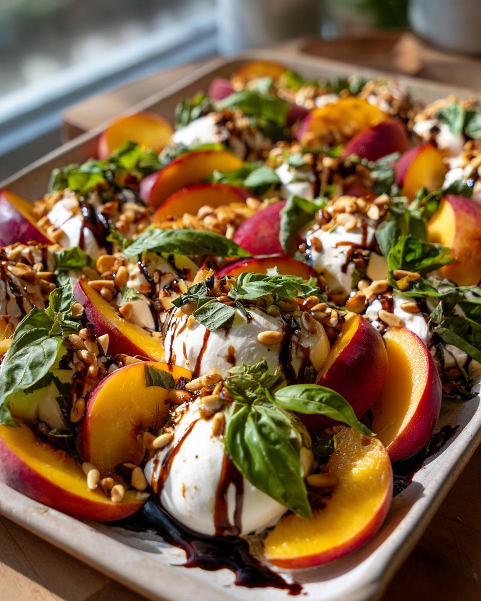A vibrant platter showcasing sliced peaches, creamy burrata cheese, fresh basil, and a balsamic glaze, perfect for summer salad recipes.