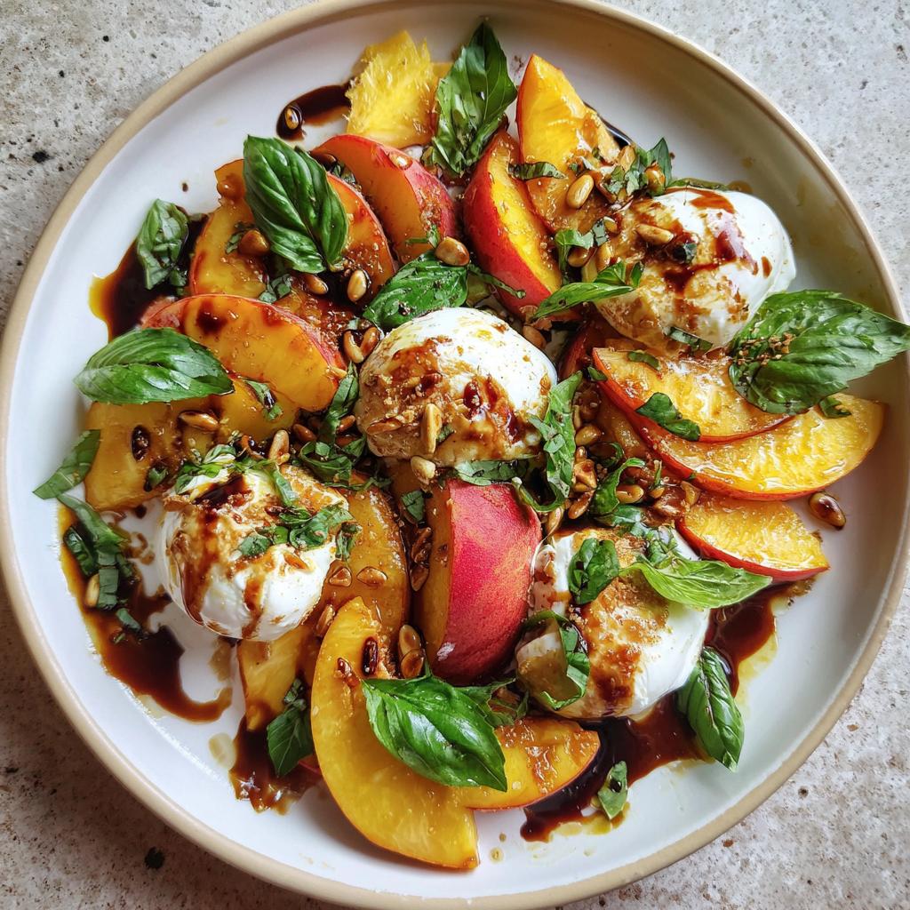 A beautiful summer salad featuring fresh peaches, creamy burrata cheese, basil, pine nuts, and a balsamic glaze.