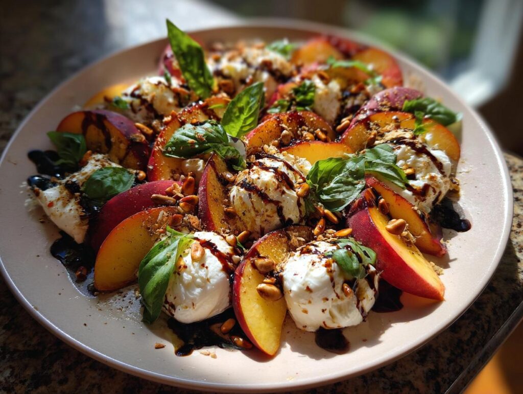 A beautiful platter of summer salad featuring sliced peaches, burrata cheese, fresh basil, and a balsamic glaze.