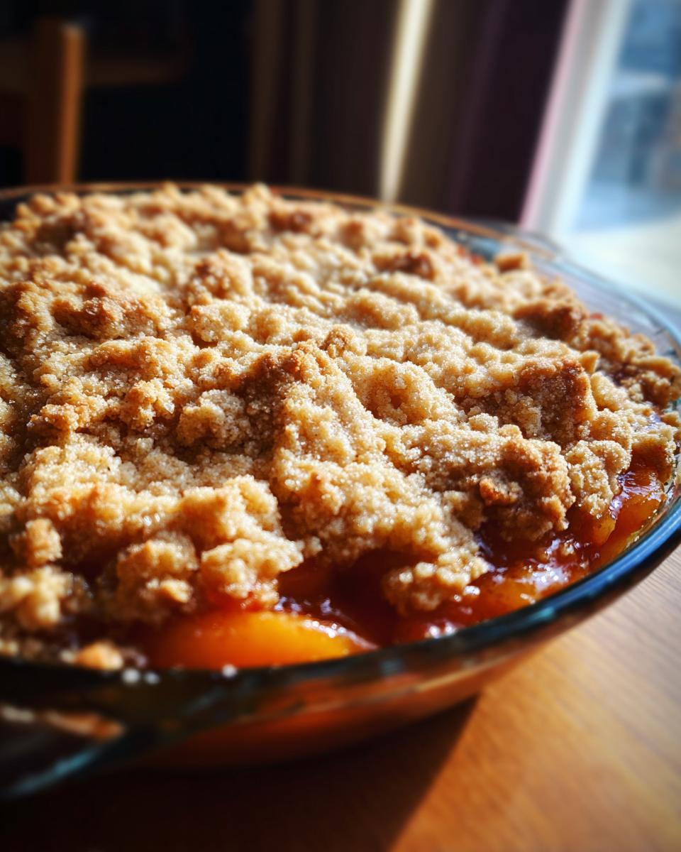 Close-up of a freshly baked peach cobbler with a golden brown sugar crumble topping in a glass dish.