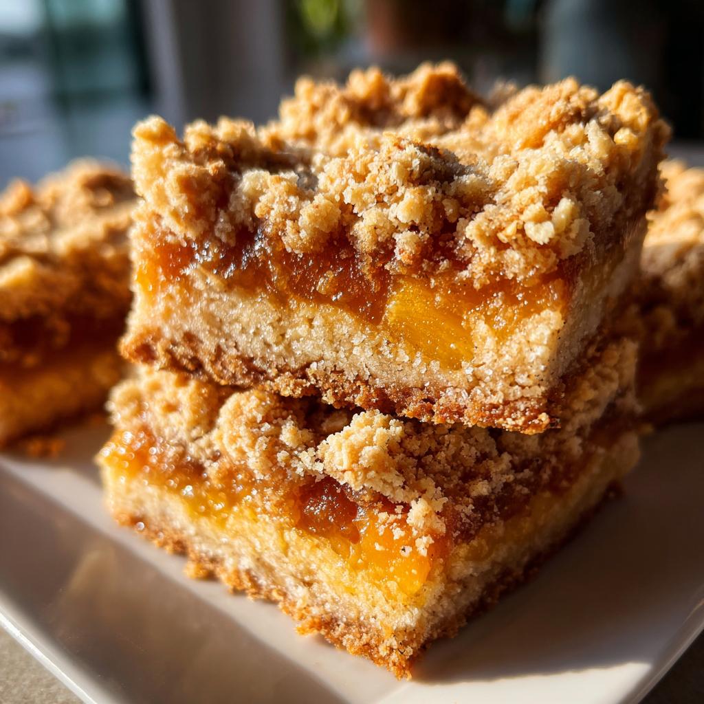 Close-up of stacked peach crumble bars with a buttery oat topping and a gooey peach filling.