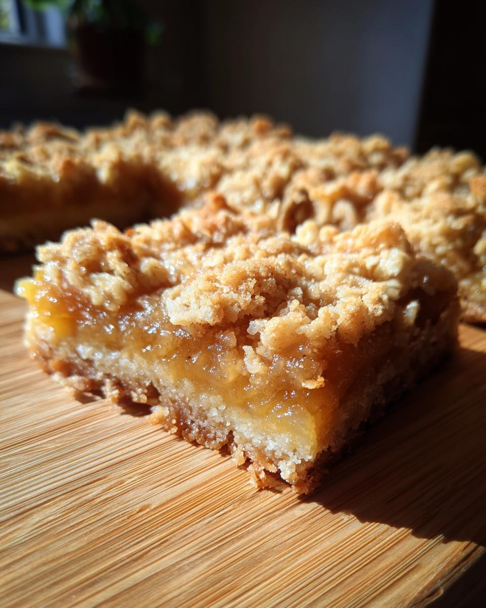 A close-up of a slice of peach crumble bars with a buttery oat topping on a wooden board.