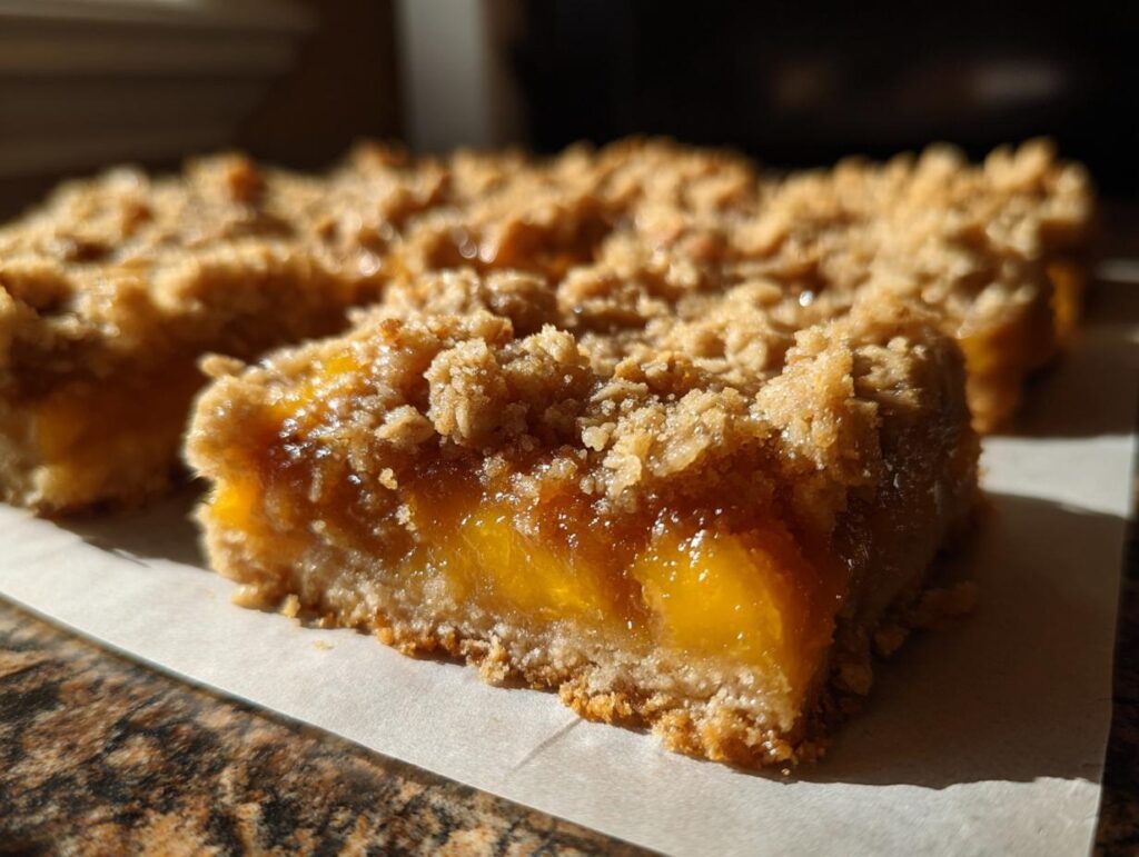Close-up of a slice of peach crumble bars with a buttery oat topping and juicy peach filling.