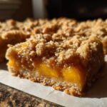 Close-up of a slice of peach crumble bars with a buttery oat topping and juicy peach filling.