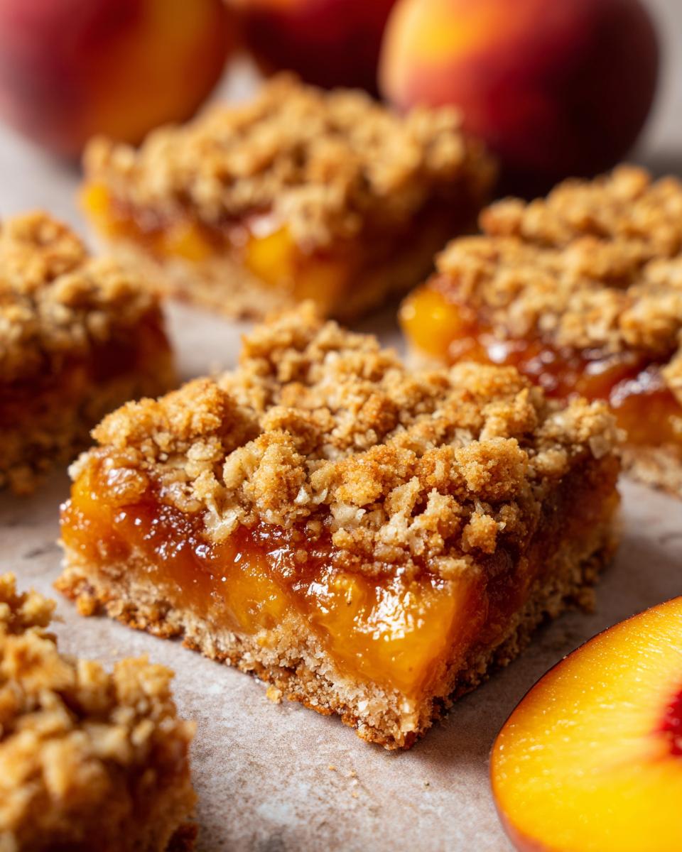 Close-up of delicious peach crumble bars with a buttery oat topping and fresh peaches in the background.