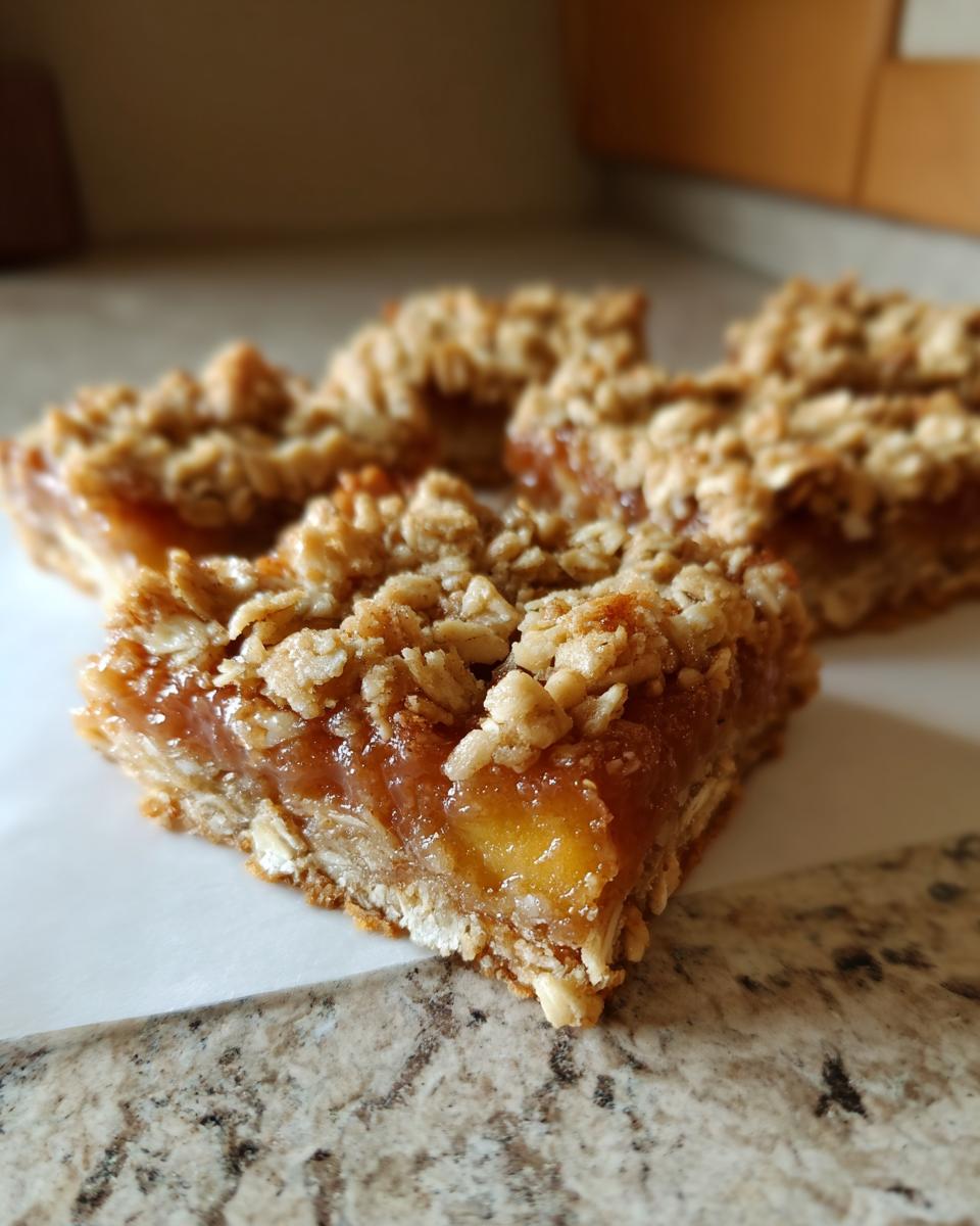Close-up of peach crumble bars with a thick layer of gooey peach filling and a buttery oat topping.