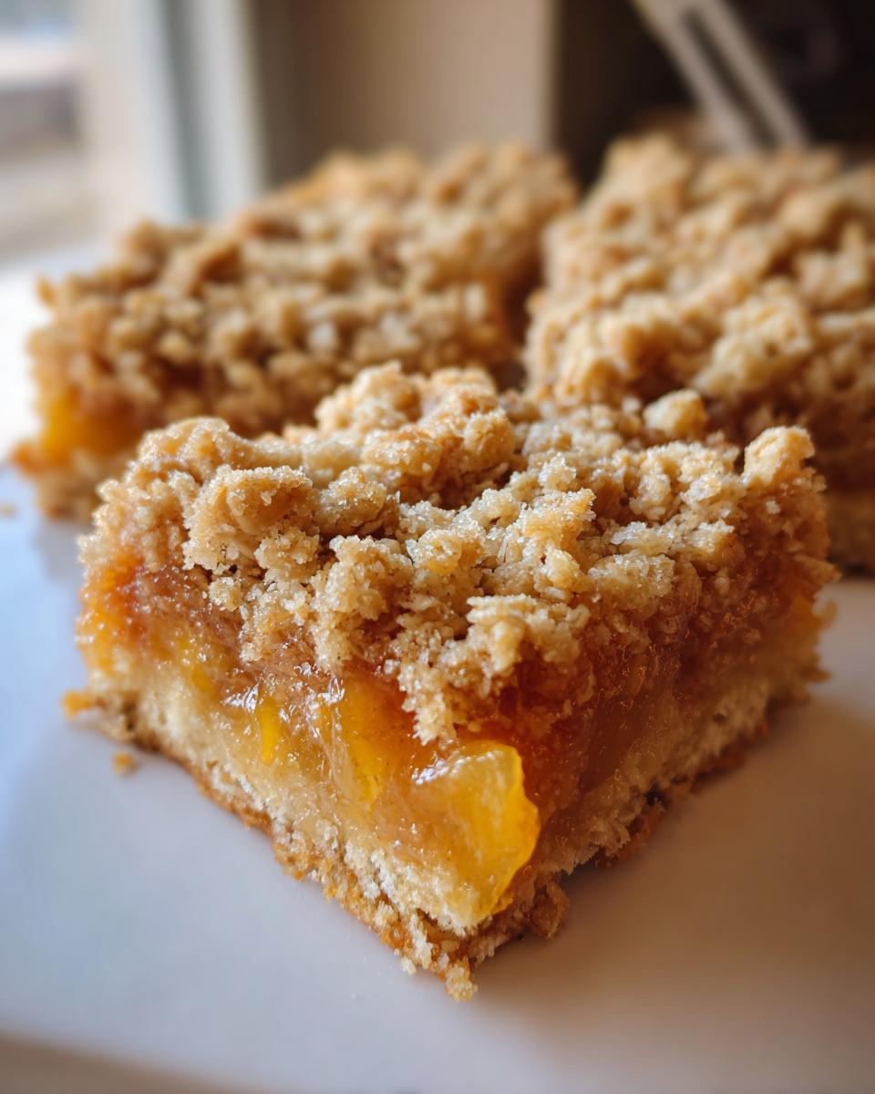 Close-up of a slice of peach crumble bars with a thick layer of juicy peaches and a golden, buttery oat topping.