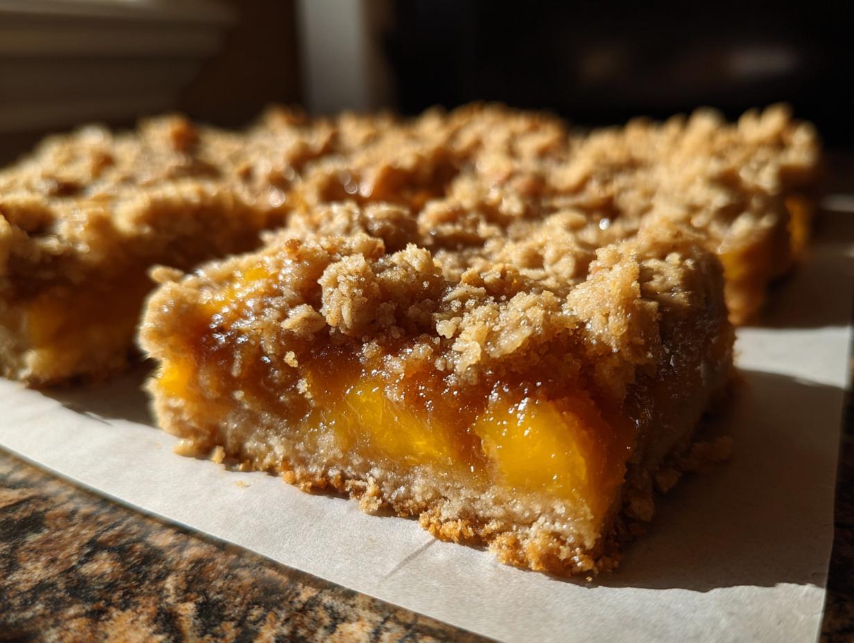 Close-up of a slice of peach crumble bars with a buttery oat topping and juicy peach filling.