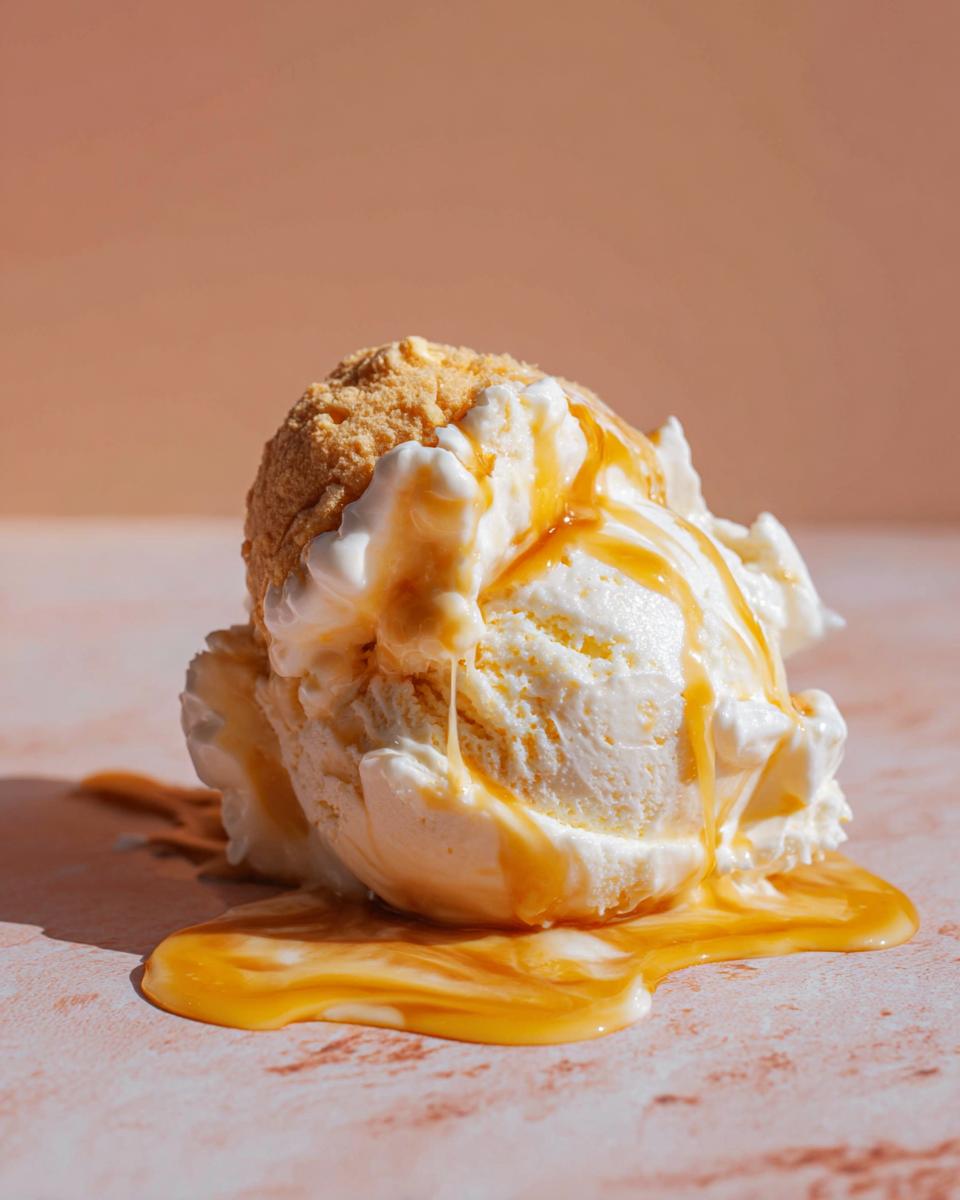 A scoop of creamy peach ice cream topped with cookie crumble and drizzled with caramel sauce.