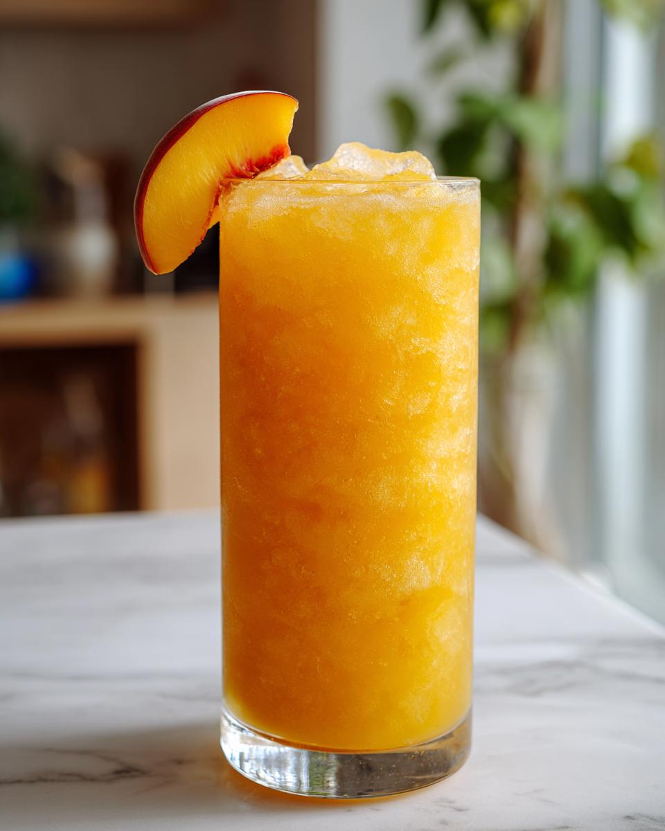 A refreshing glass of peach iced tea slush, garnished with a fresh peach slice.