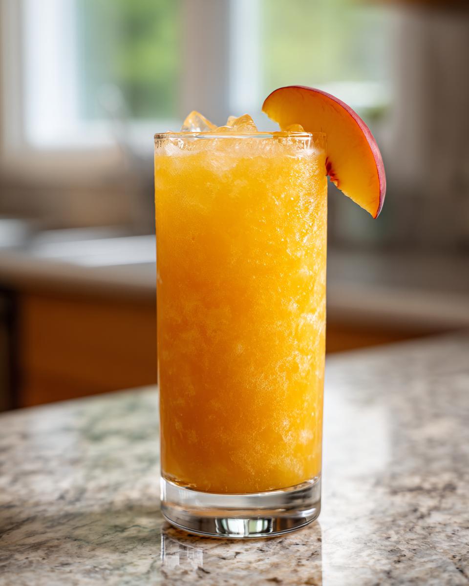 A tall glass filled with a frosty peach and iced tea slush, garnished with a fresh peach slice.