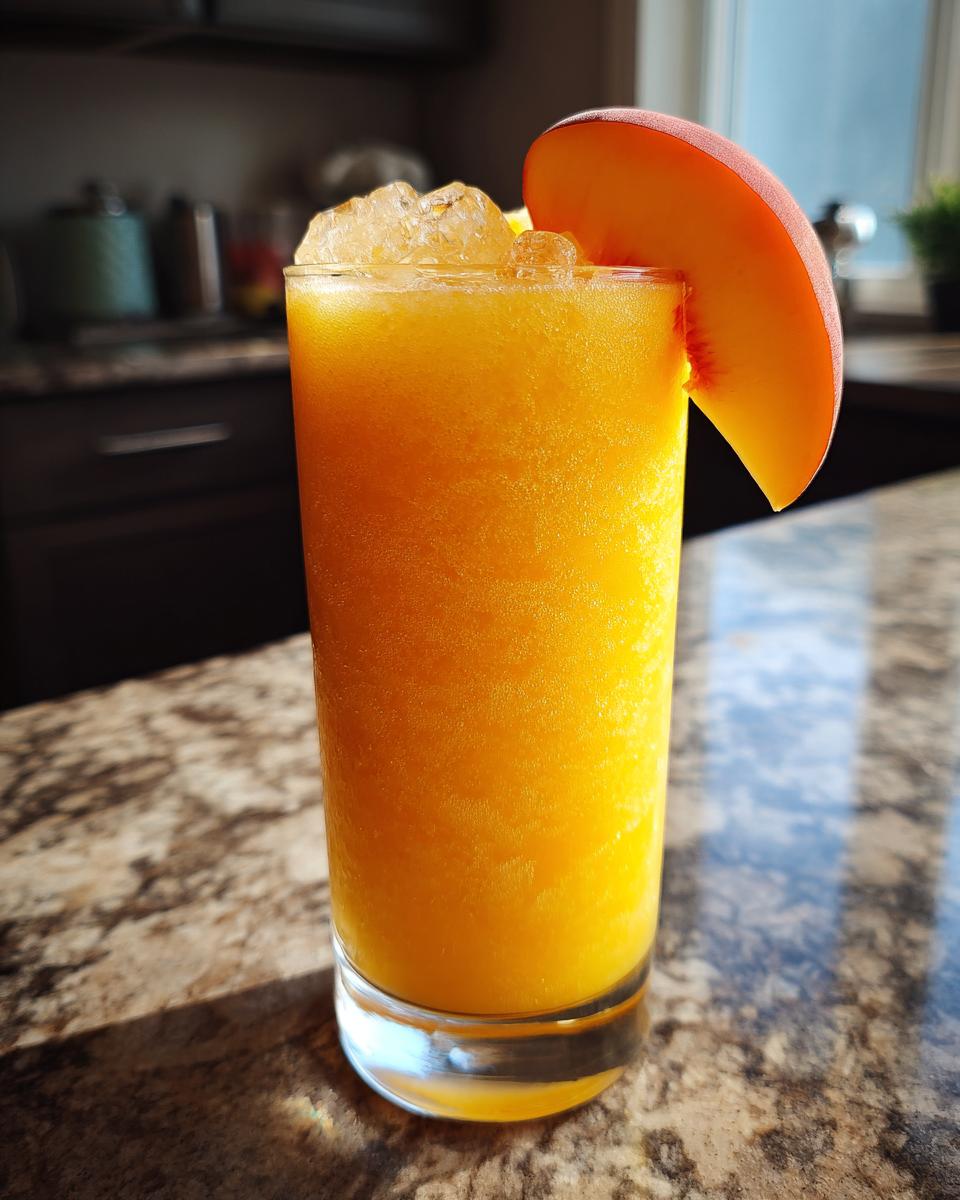 A tall glass filled with a vibrant orange peach iced tea slush, topped with crushed ice and garnished with a fresh peach slice.