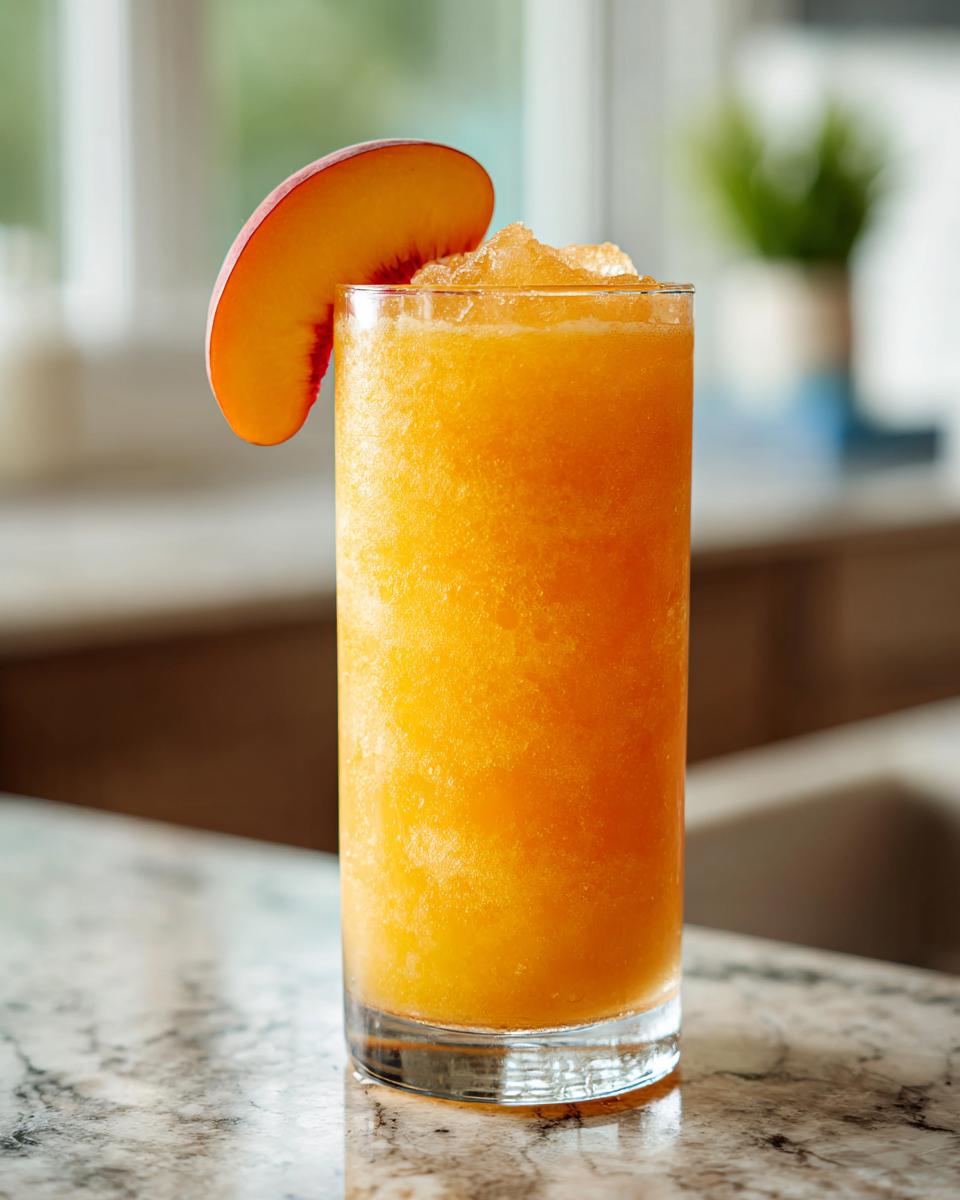 A refreshing peach iced tea slush in a tall glass, garnished with a peach slice, perfect for hot afternoons.
