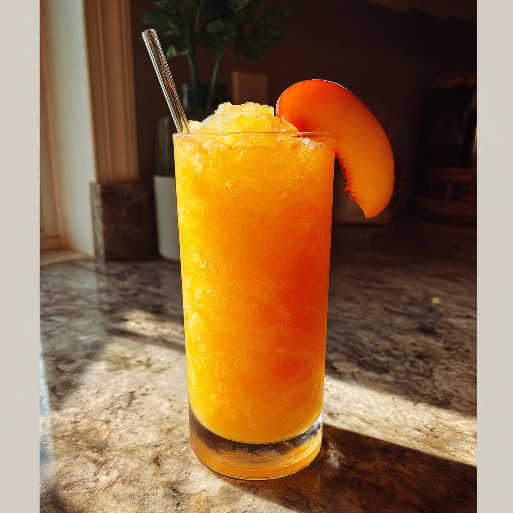A tall glass filled with a vibrant orange peach iced tea slush, garnished with a fresh peach slice and a reusable straw.