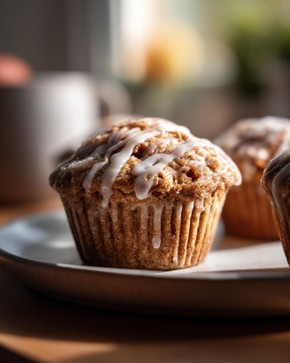 Close-up of a moist peach muffin topped with a drizzling vanilla glaze, part of a batch of peach recipes.