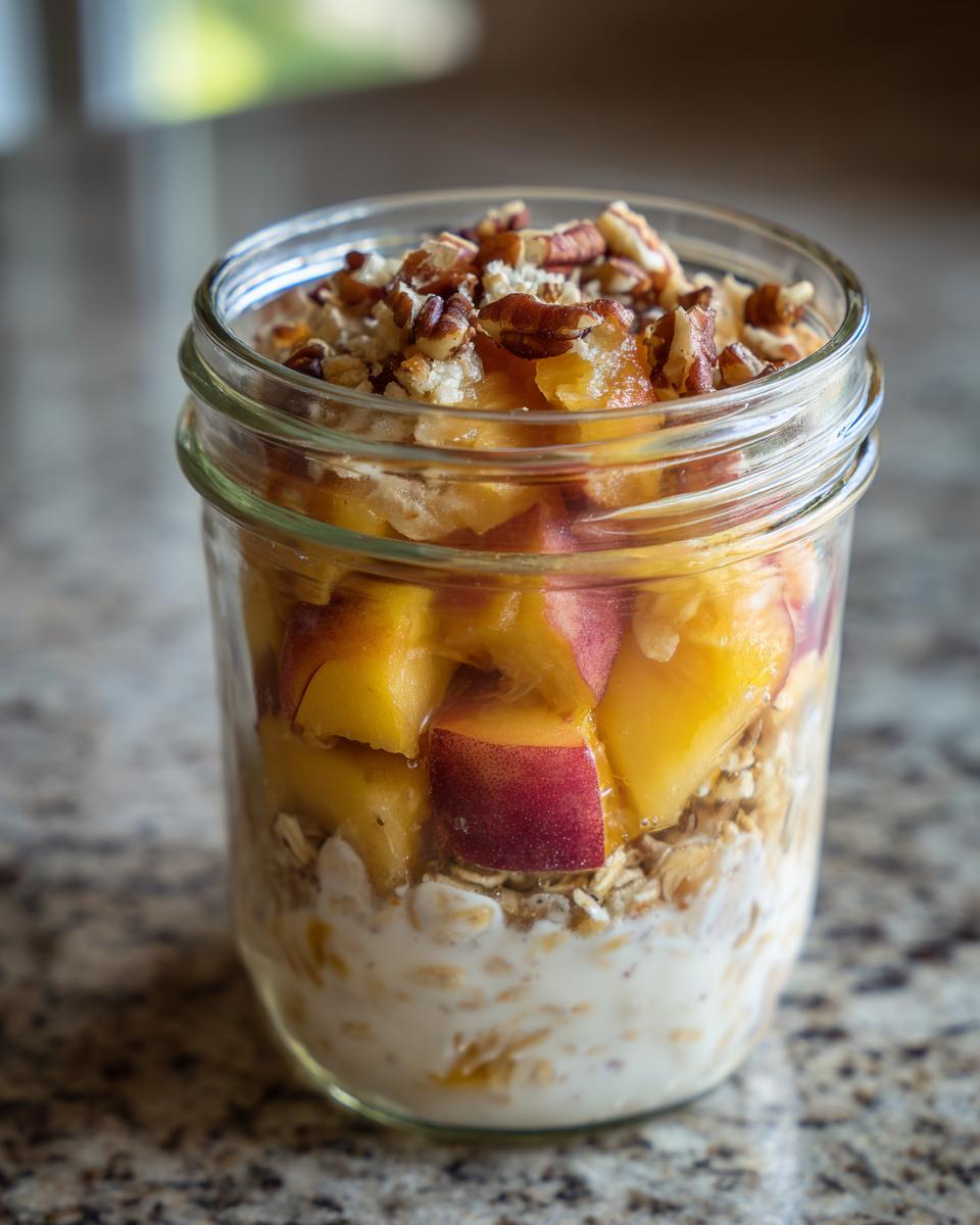 A jar of overnight oats layered with fresh peaches and topped with chopped pecans, showcasing one of the best peach recipes.