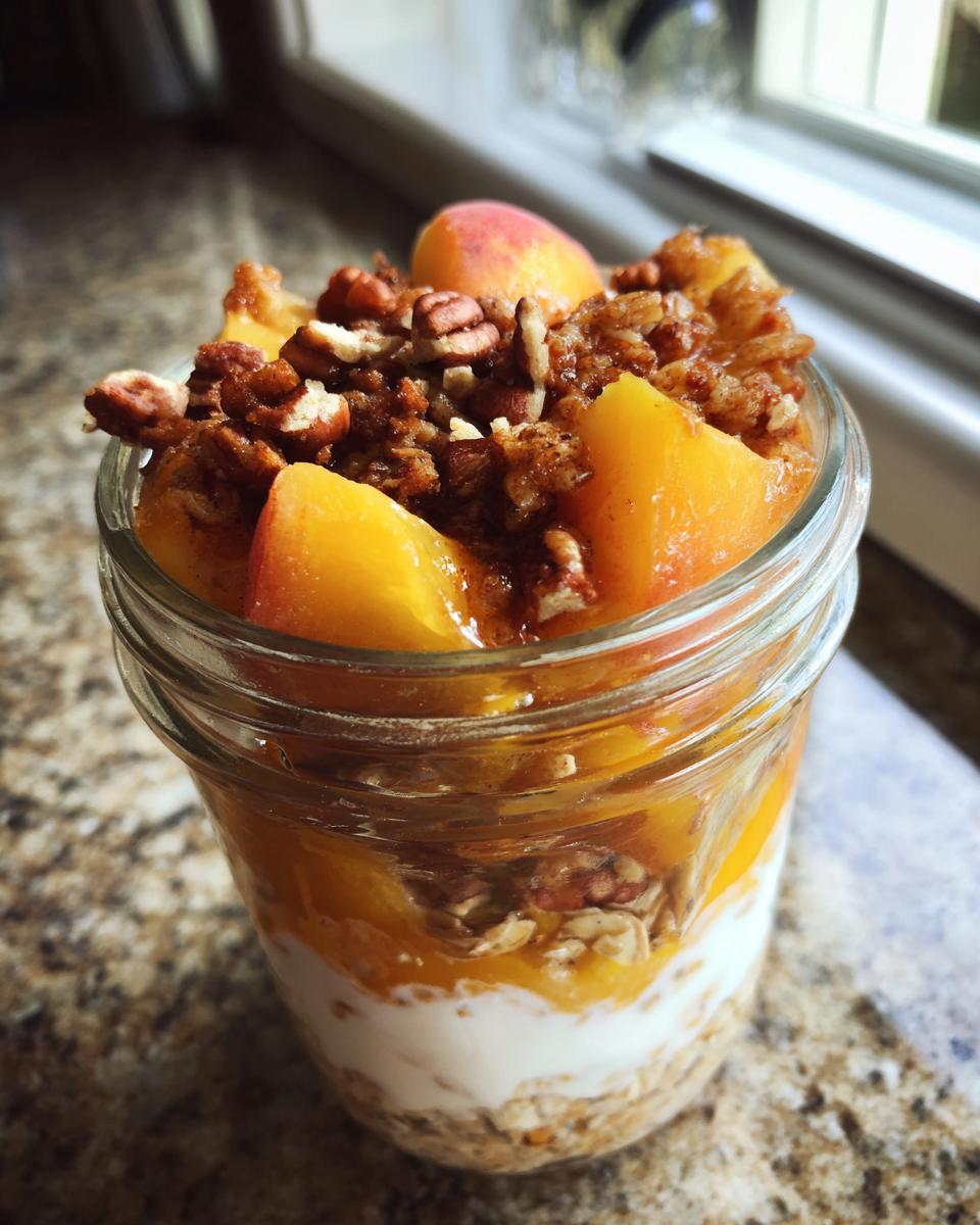 Close-up of layered peach overnight oats in a jar, topped with fresh peaches, pecans, and crumble.