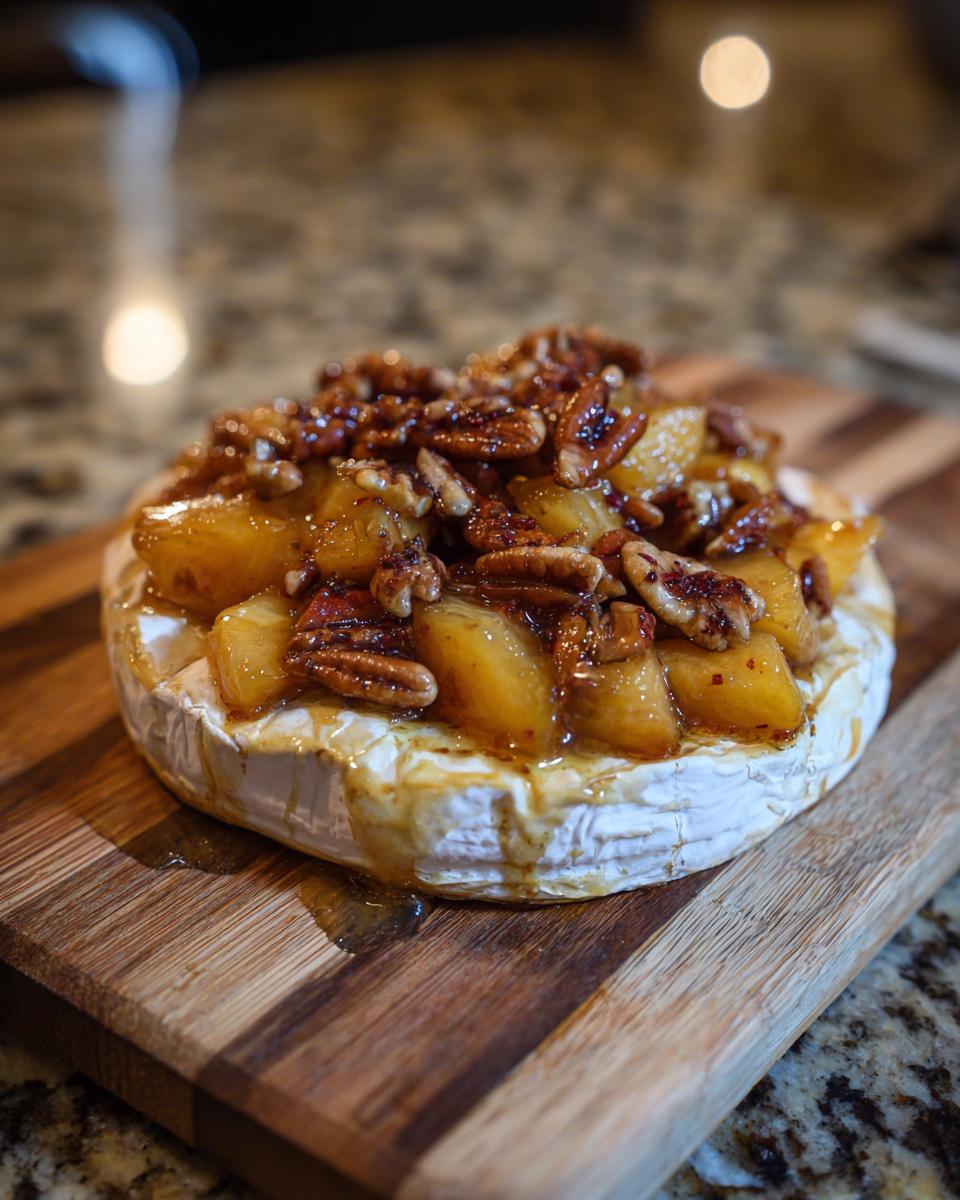 Close-up of baked brie topped with peaches and toasted pecans, a delicious peach recipe.