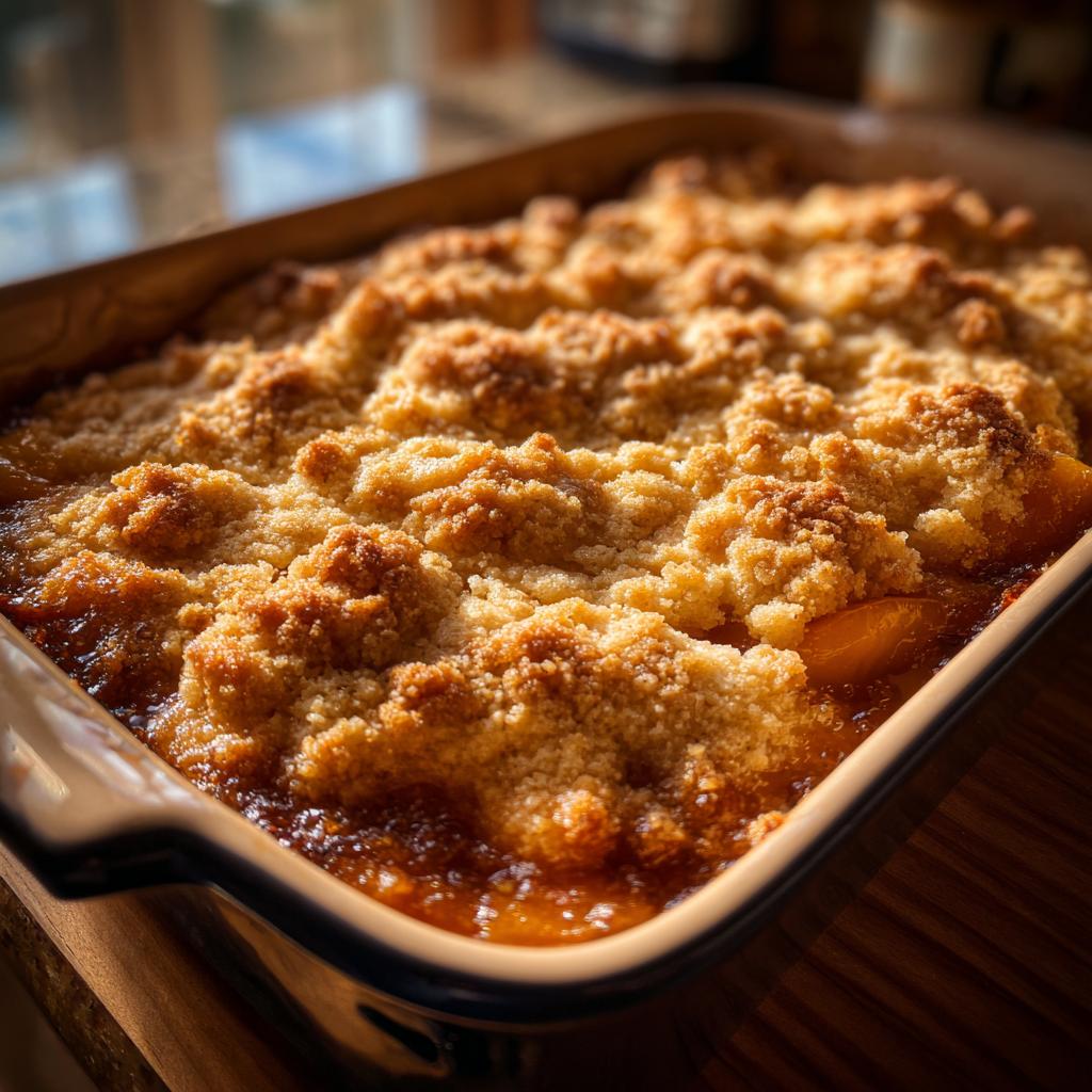 Close-up of a freshly baked brown sugar peach cobbler in a baking dish, with a golden-brown crumb topping.