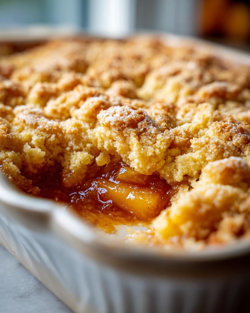 Close-up of a bubbling Brown Sugar Peach Cobbler with a golden crumb topping, showcasing tender peaches in syrup.