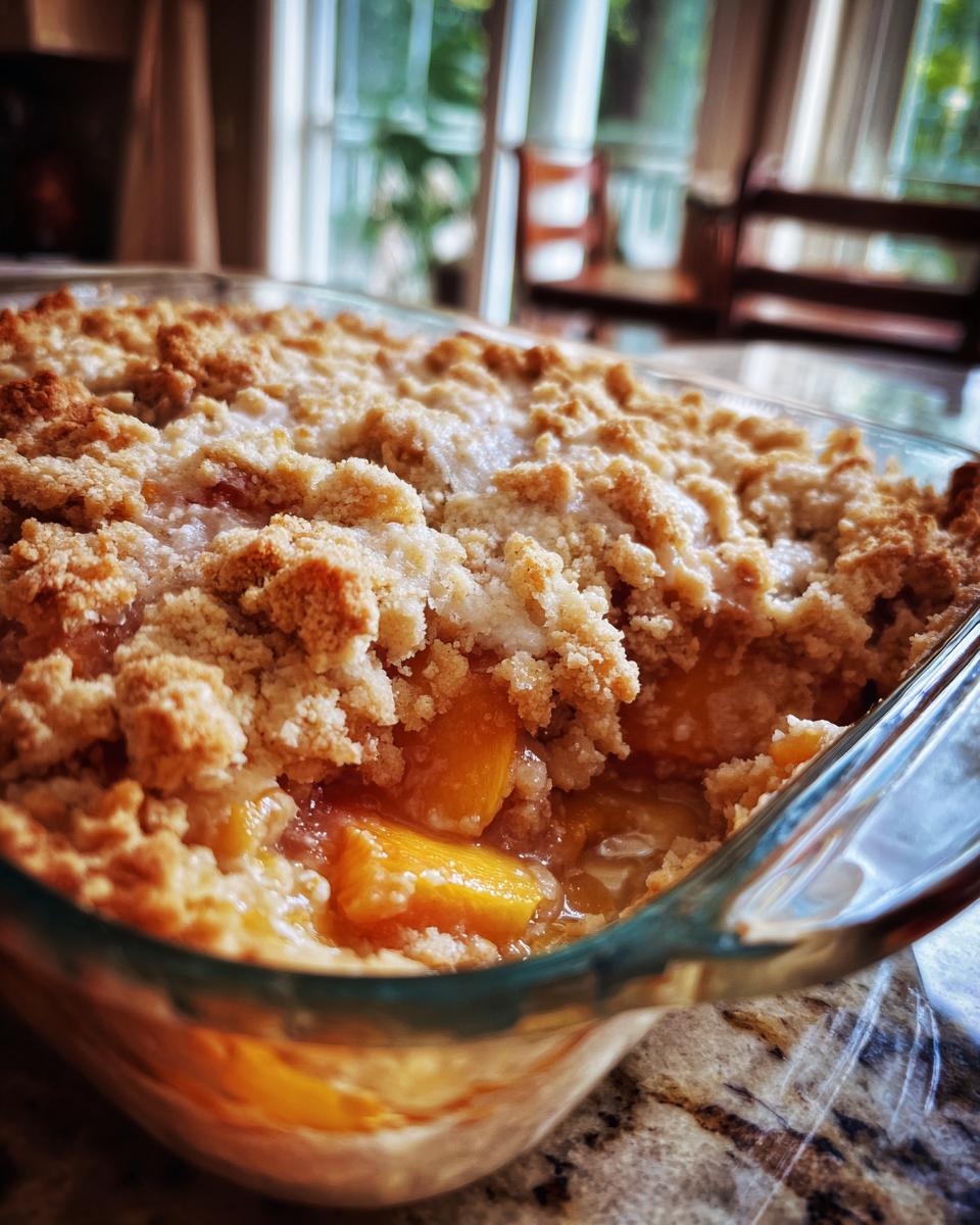 Close-up of a freshly baked Peach Cobbler with brown sugar topping in a glass baking dish, ready for a summer dessert.