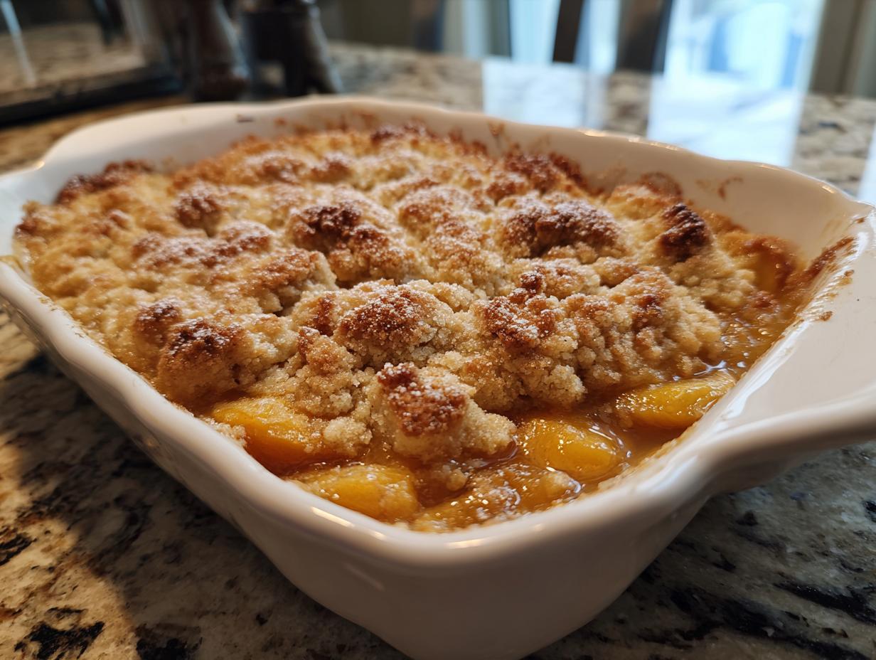 Close-up of a freshly baked Peach Cobbler with brown sugar topping, ready for a summer dessert.