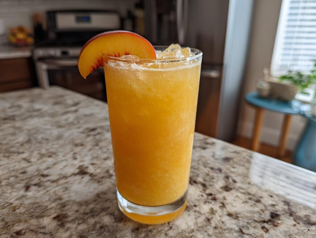 A refreshing glass of peach recipes with iced tea slush, garnished with a peach slice.