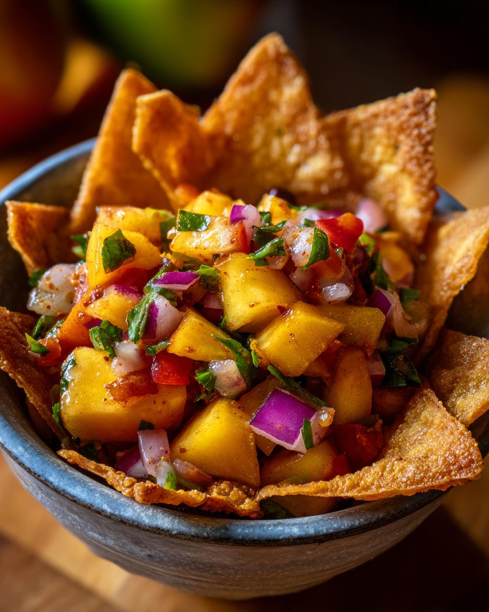 A bowl of fresh peach salsa, made with diced peaches, red onion, and cilantro, served with crispy cinnamon chips.