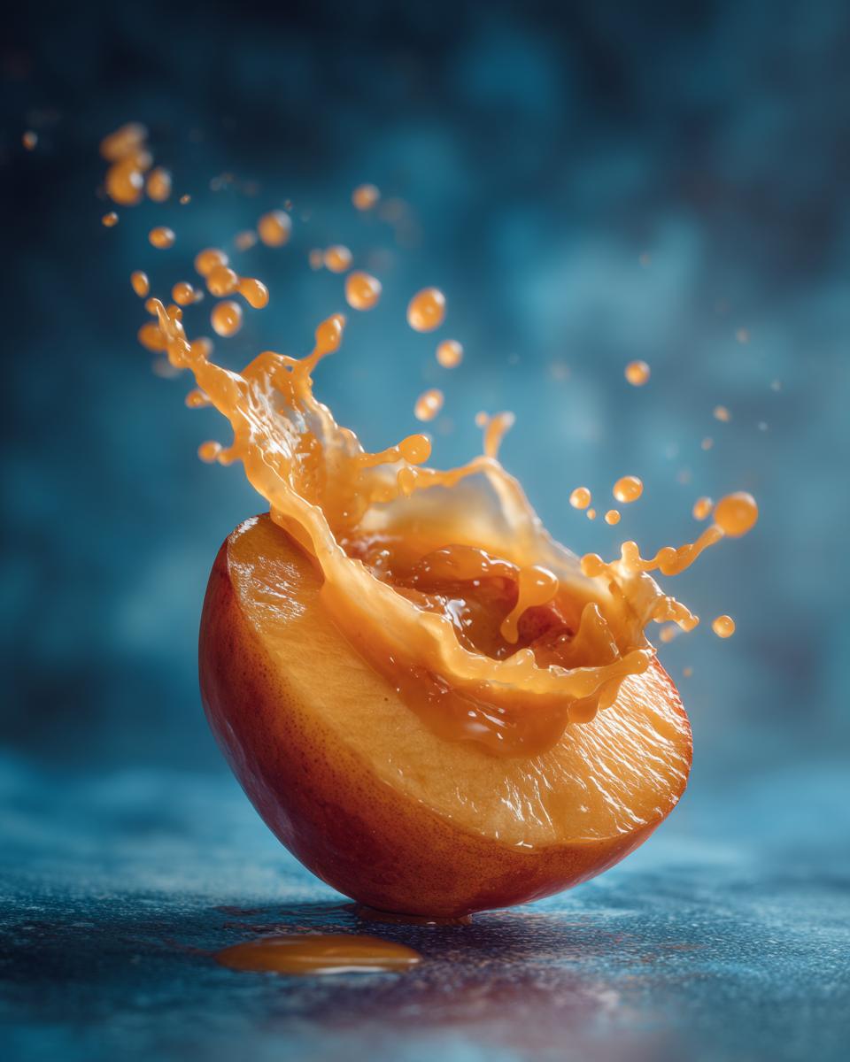 A half peach with juice splashing out, perfect for peach recipes and yogurt smoothies.