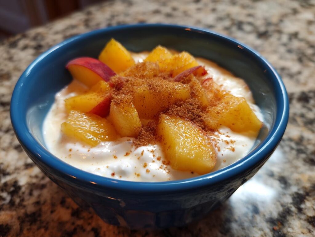 A close-up of a blue bowl filled with creamy yogurt topped with fresh peach slices and a sprinkle of cinnamon.
